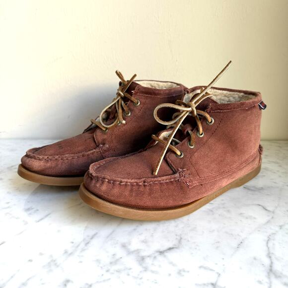 Sebago Women’s Shearling Lined Suede Moccasin Boots – Size 9 Burgundy - Picture 1 of 11